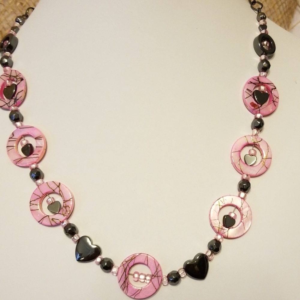 Pink and gunmetal Heart necklace